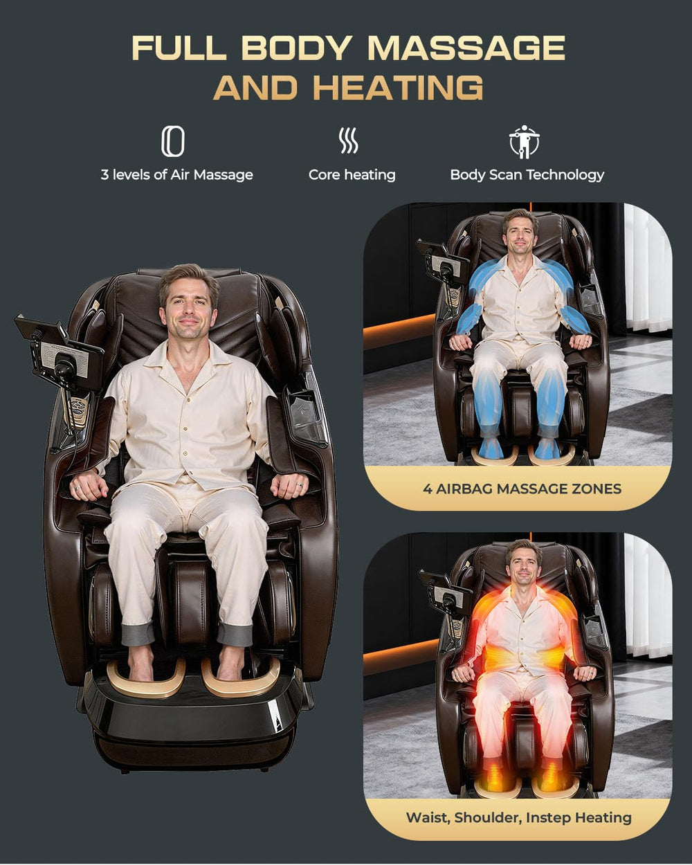 Armali 4D massage chair heated therapy warms back and feet.