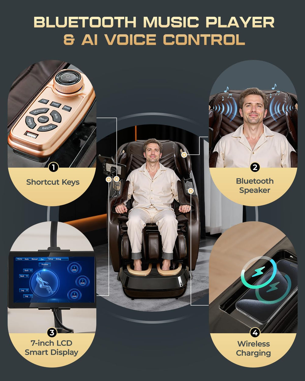 Armali 4D massage chair touchscreen interface with wireless charging.