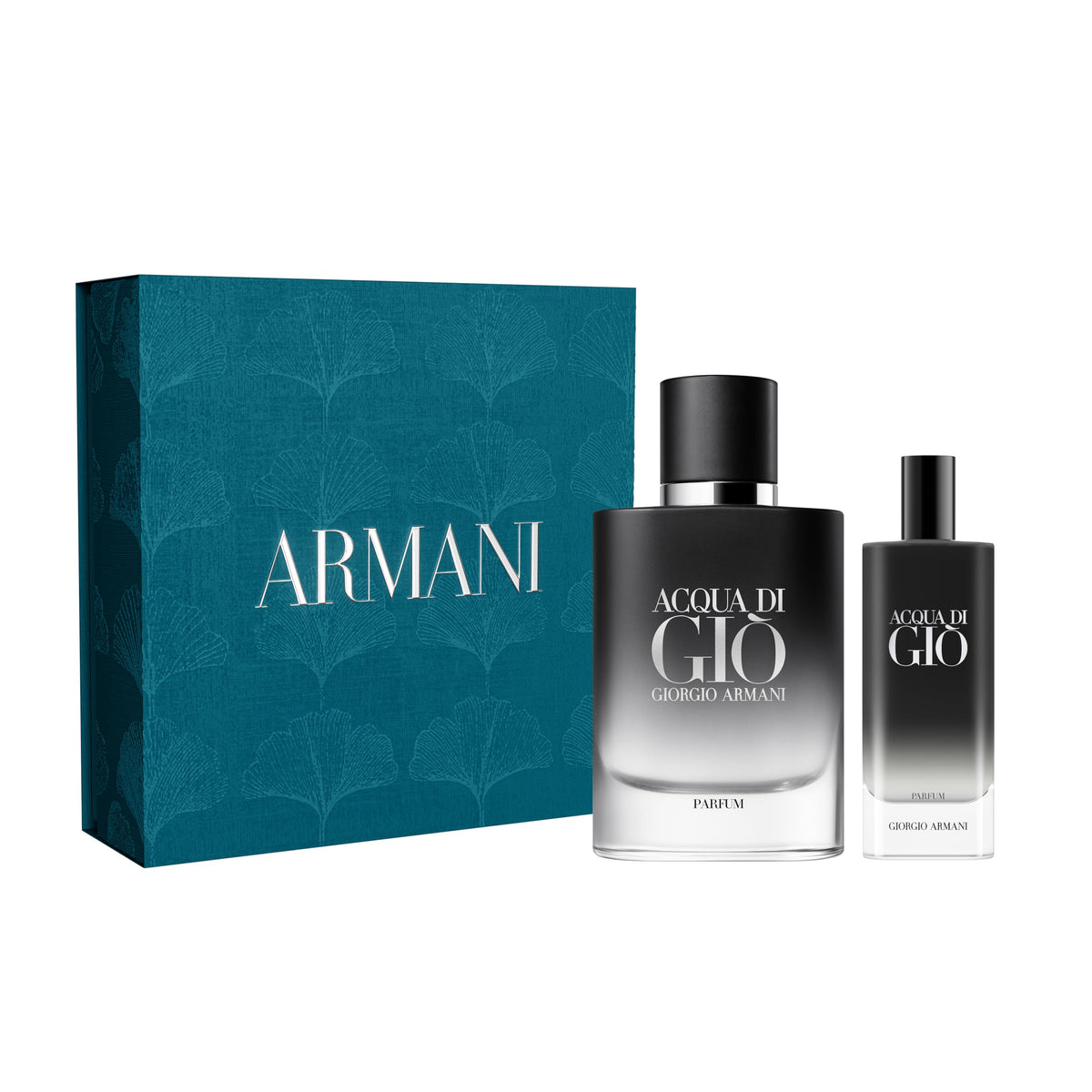 Armani Beauty Acqua di Giò Parfum gift set bottles show full and travel sizes for on-the-go wear.