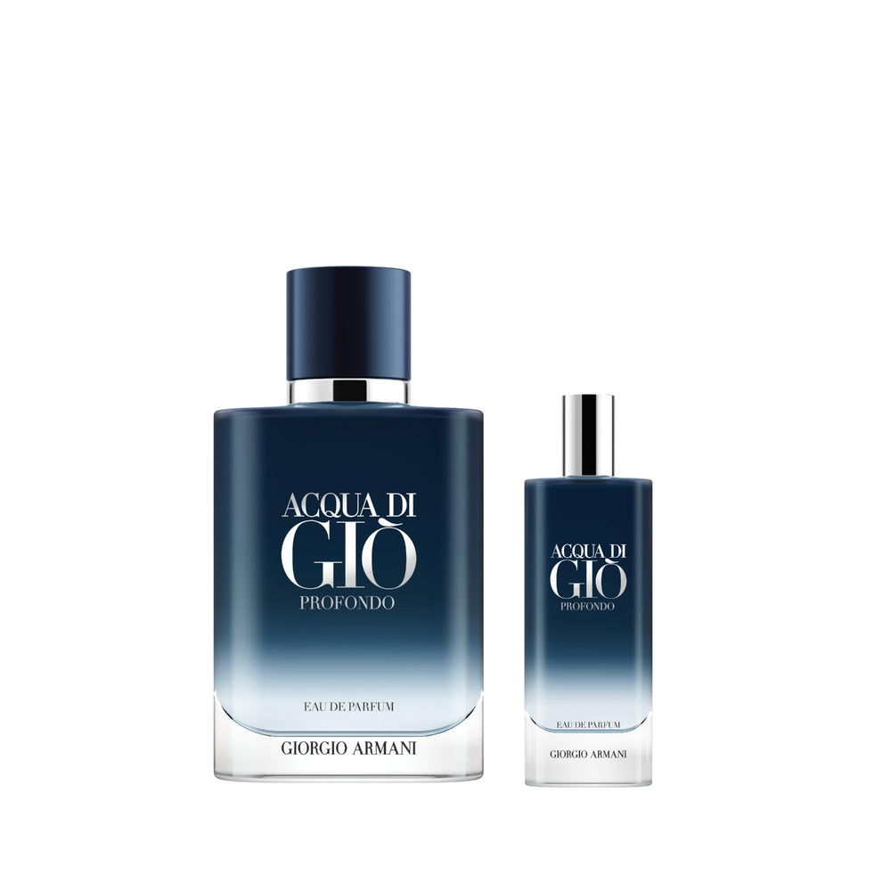 Elegant packaging display of Armani Beauty Acqua di Giò Profondo collection.
