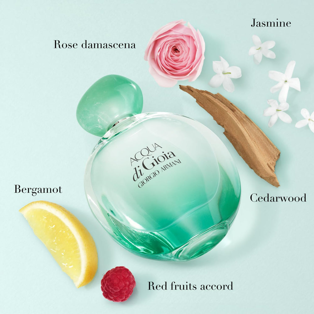 Armani Beauty Acqua di Gioia Intense bottle side shows turquoise gradient.