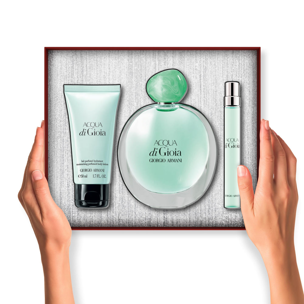 Armani Beauty Acqua di Gioia mint and jasmine motif—crisp garden-inspired aroma