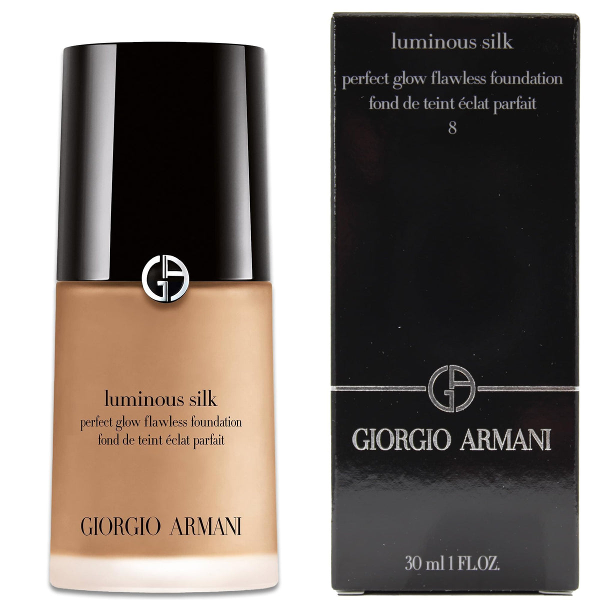 Armani Beauty Luminous Silk Foundation bottle in shade 8 Caramel for a radiant, natural finish.