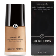 Armani Beauty Luminous Silk Foundation bottle in shade 8 Caramel for a radiant, natural finish.