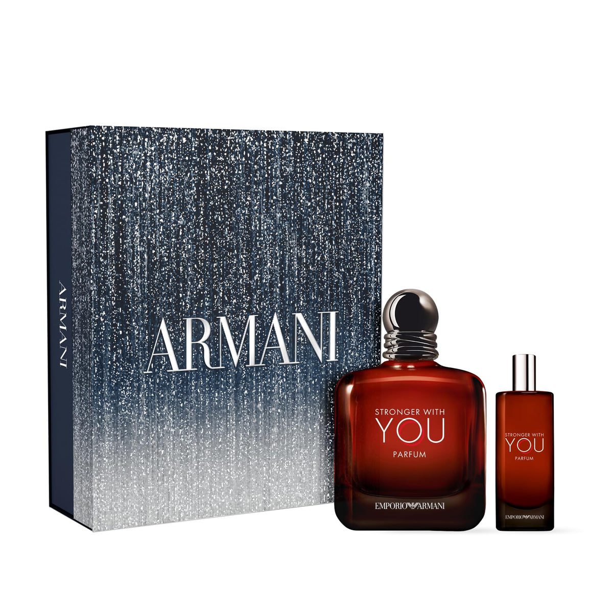 Armani Beauty Stronger With You Parfum bottle close-up highlighting amber notes for lasting impression.