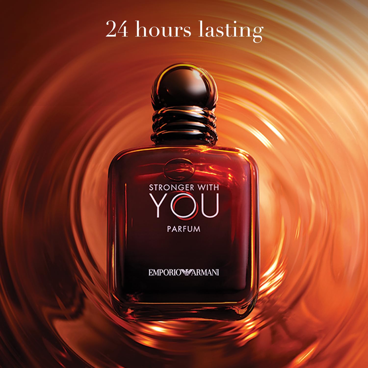 Armani Stronger With You Parfum gunmetal cap and double-ring design evoke unity.