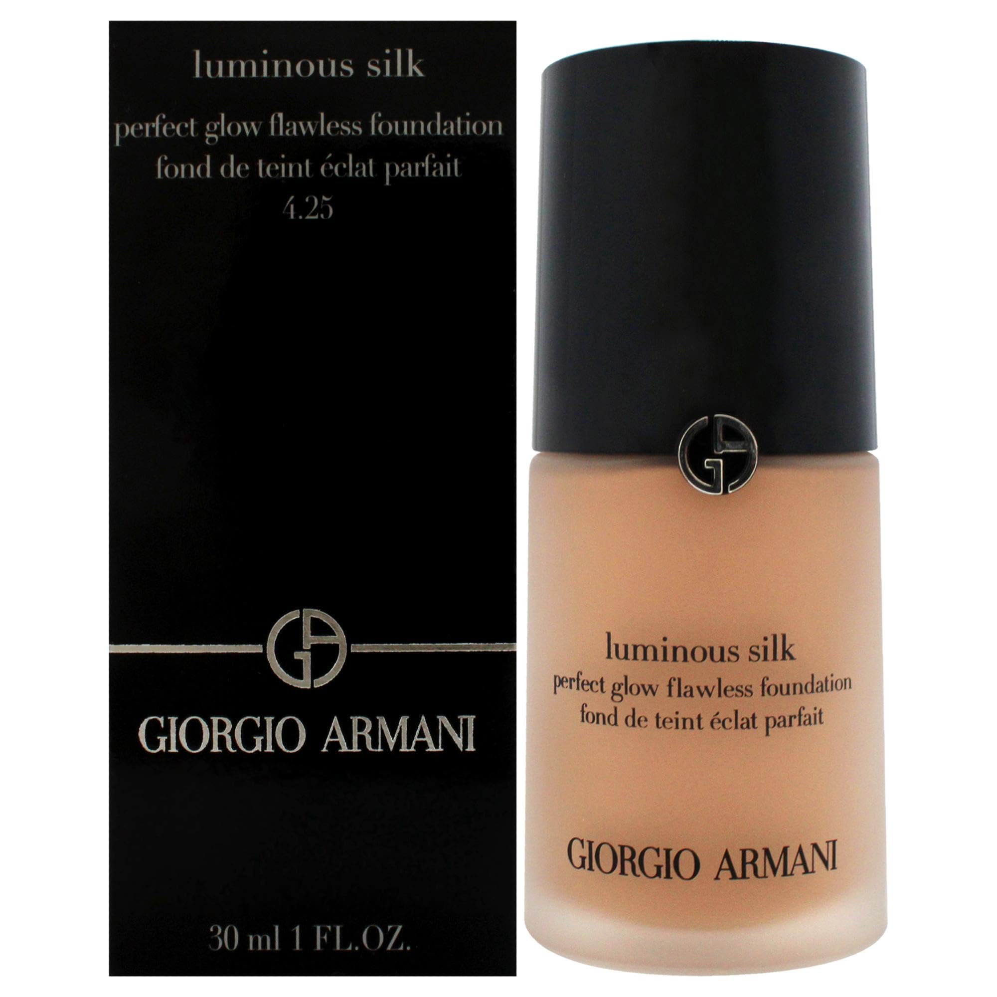 Armani Beauty Luminous Silk Foundation no-04-25 bottle closeup shows radiant, weightless coverage.