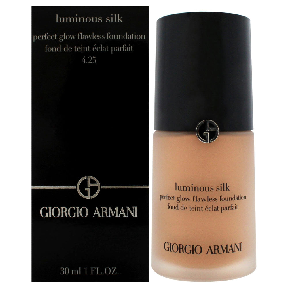 Armani Beauty Luminous Silk Foundation no-04-25 bottle closeup shows radiant, weightless coverage.