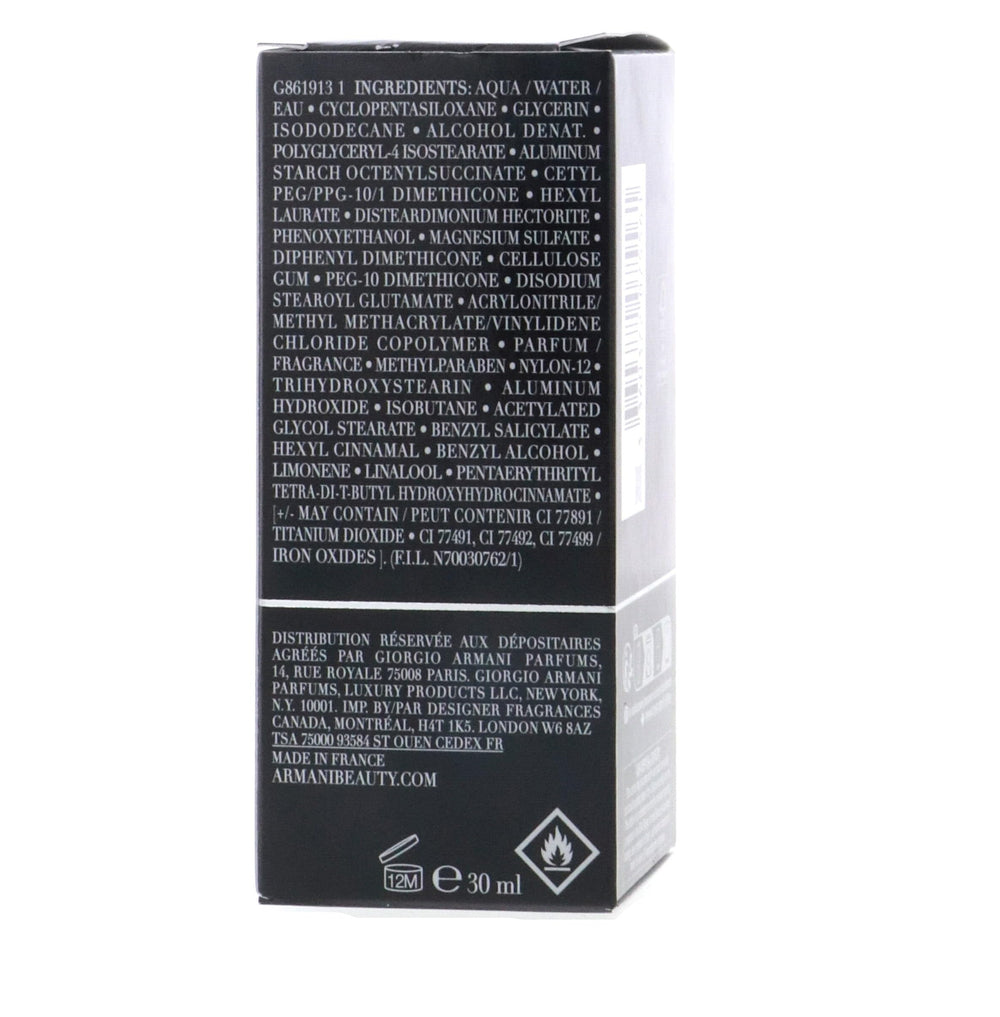 Armani Beauty Luminous Silk packaging side view highlights long-lasting wear.