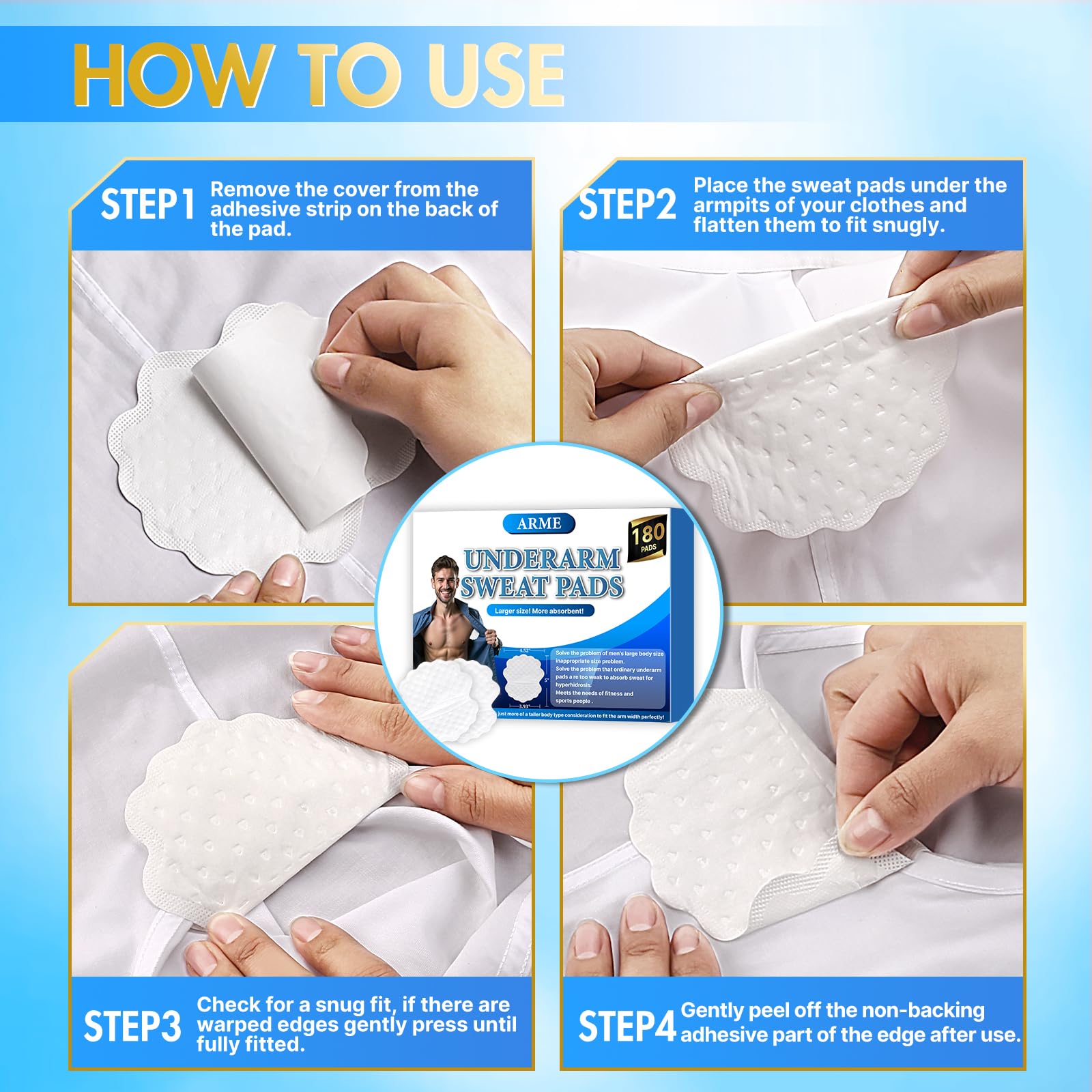 Arme Armpit Sweat Pads disposable-use provide quick, mess-free replacements after use.