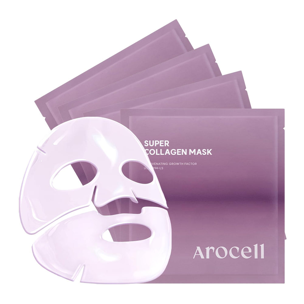 AROCELL Super Collagen Mask packaging close-up emphasizes hydration and anti-aging potential.