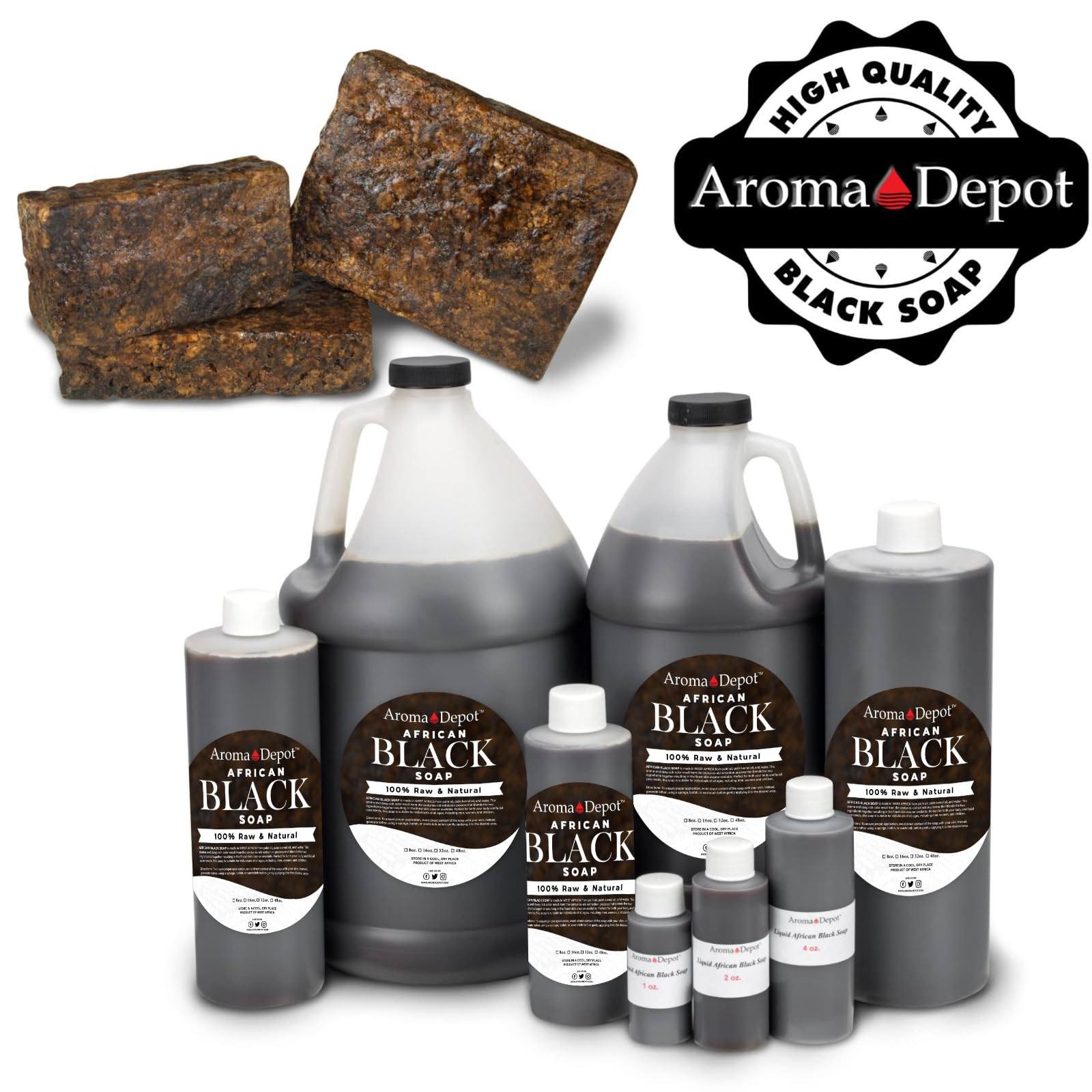 Natural ingredients and earth tones in glass bottle of Aroma Depot soap