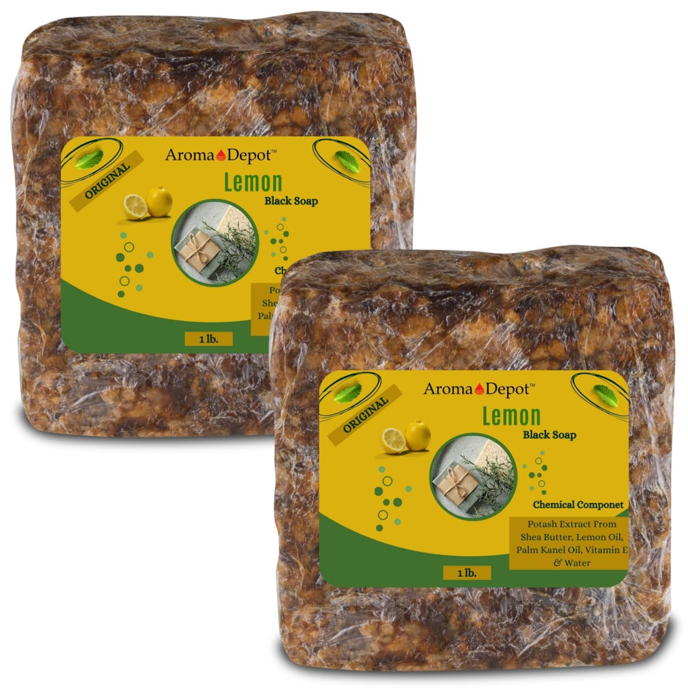 Aroma Depot Lemon African Black Soap bottle for all-over cleansing with lemon oil.