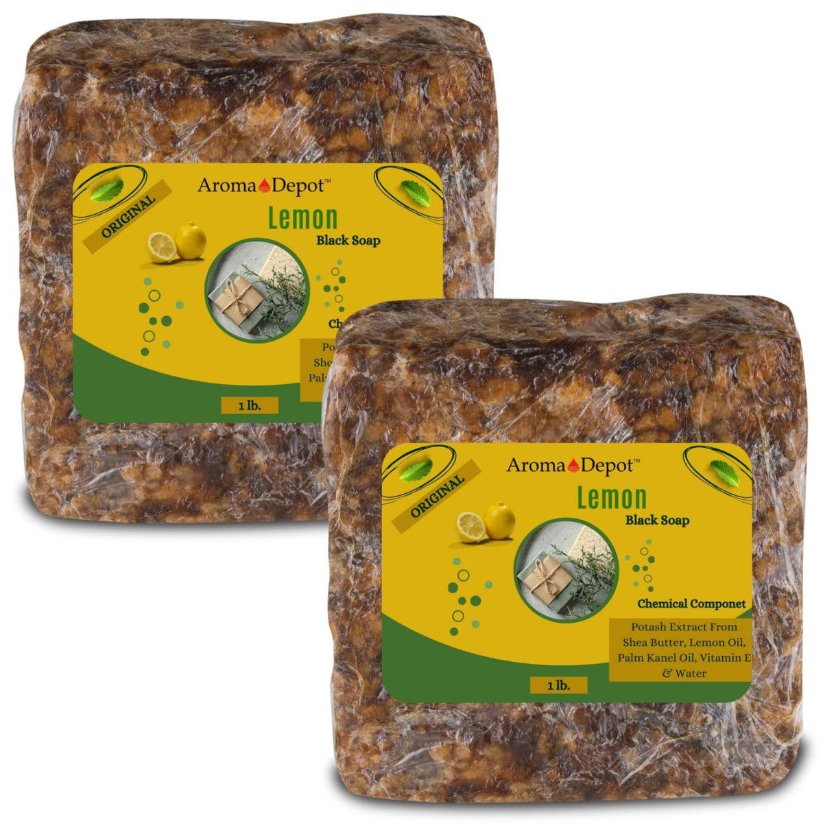 Aroma Depot Lemon African Black Soap bottle for all-over cleansing with lemon oil.