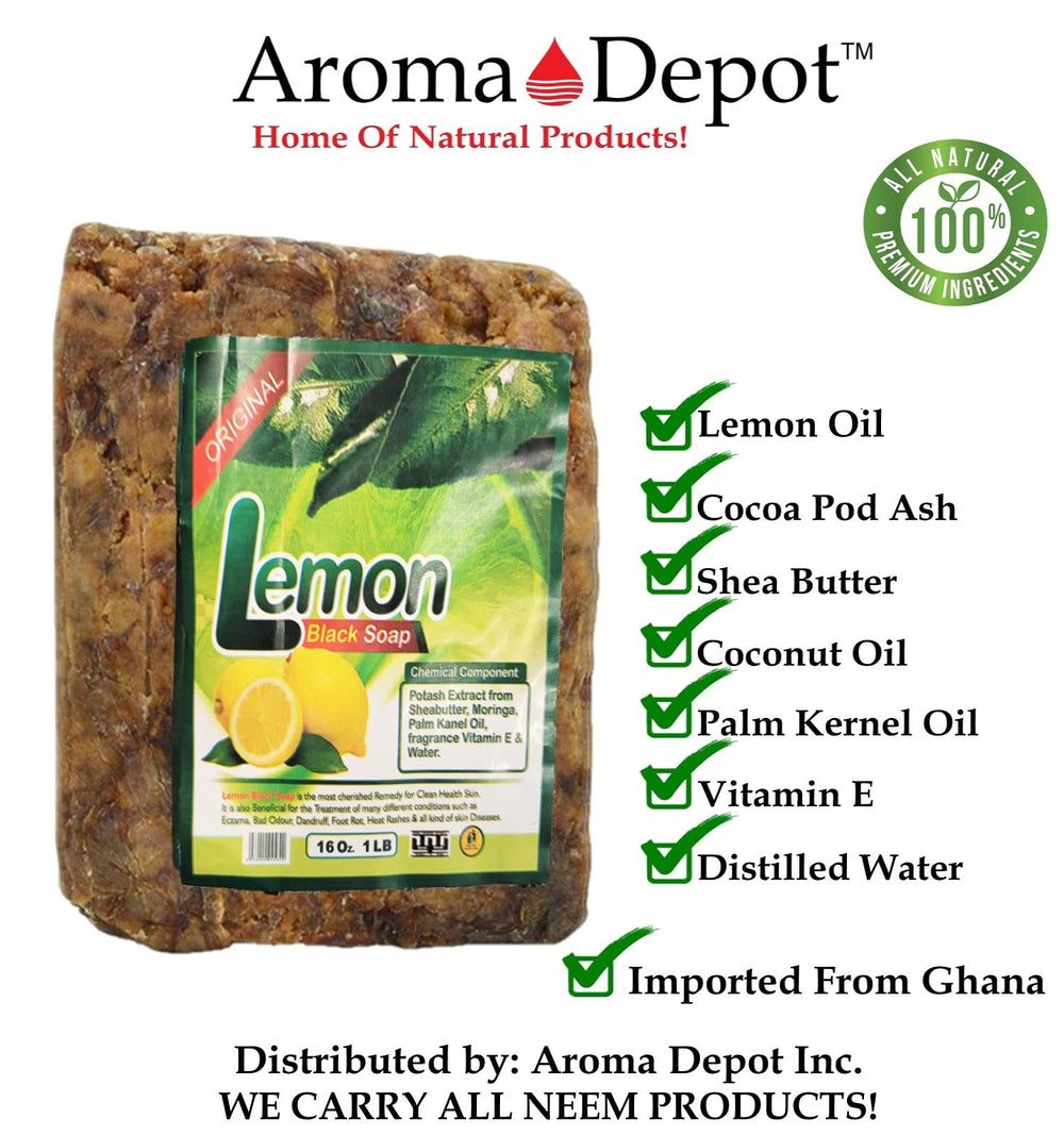 Aroma Depot Lemon African Black Soap display shows versatile use on body, face, and hair.