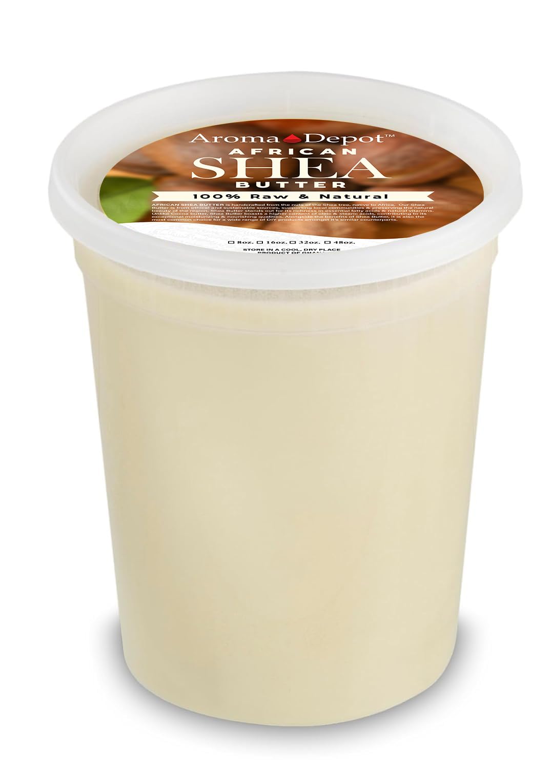 Aroma Depot Raw African Shea Butter 32oz ivory jar shows pure unrefined texture for deep hydration.