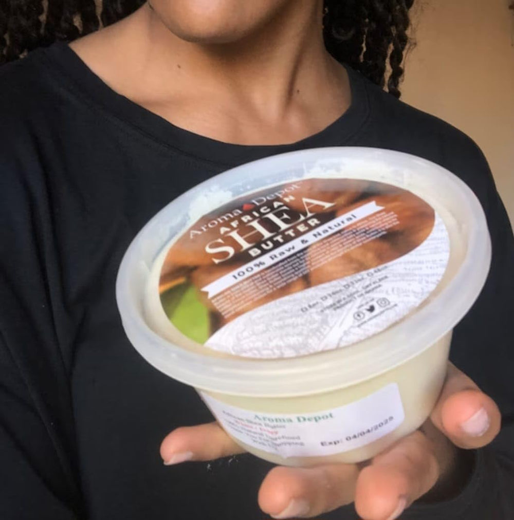 Aroma Depot Shea Butter for face and body demonstrates silky moisturizing application.