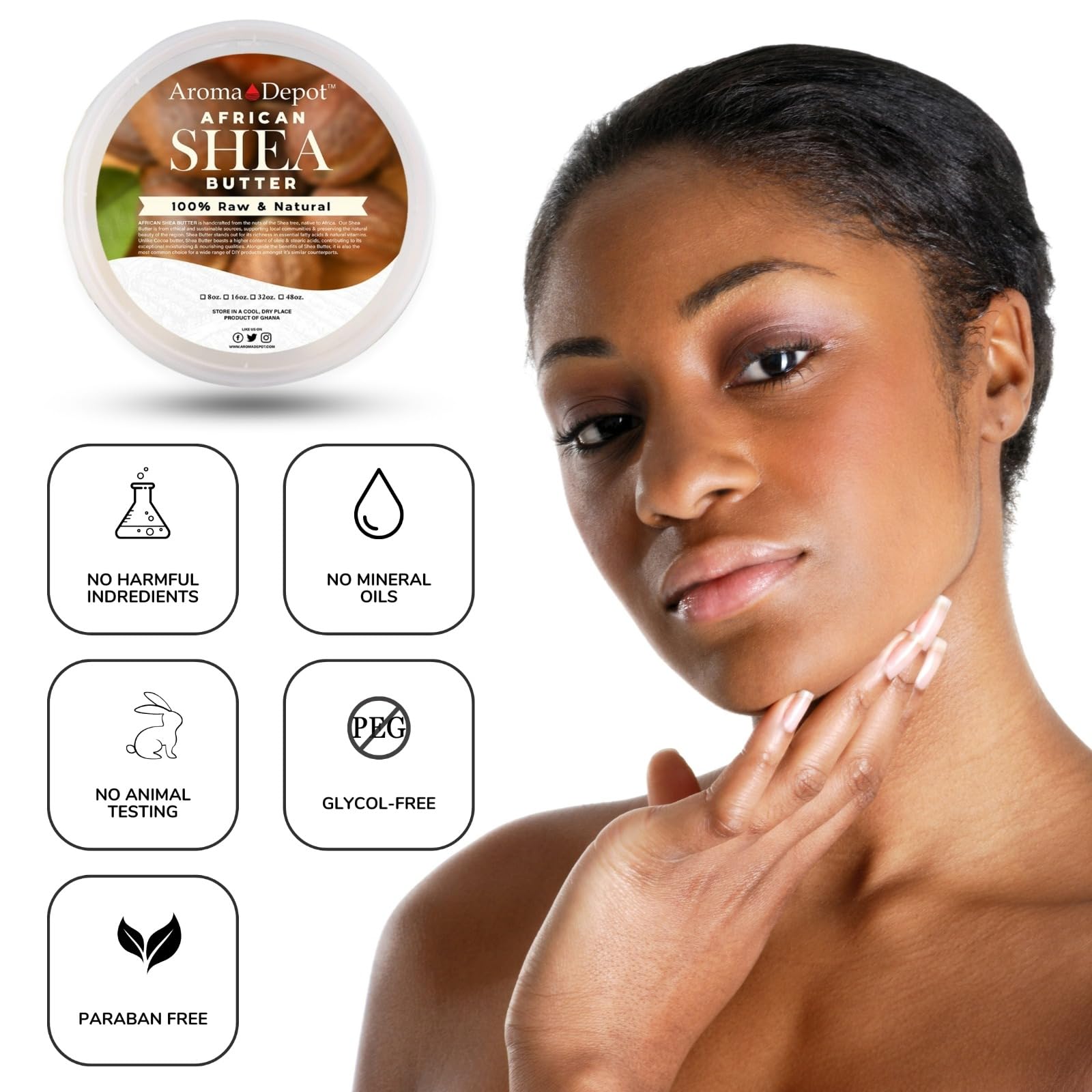 Aroma Depot Shea Butter unrefined form jar highlights natural scent and rich moisture.