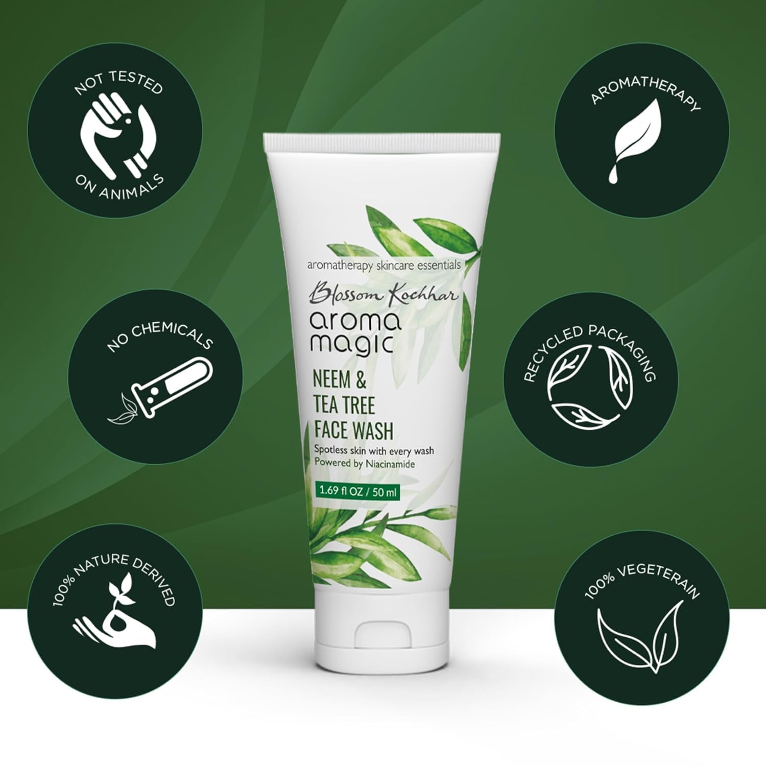 Aroma Magic Neem & Tea Tree Face Wash leaves and botanical elements visible