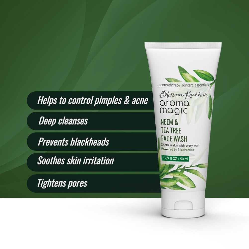 Aroma Magic Neem & Tea Tree Face Wash label highlights Niacinamide for balanced skin