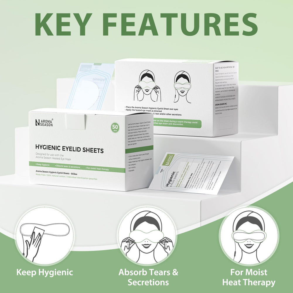 Moist heat activation with Aroma Season sheets provides gentle warmth for the eye area.