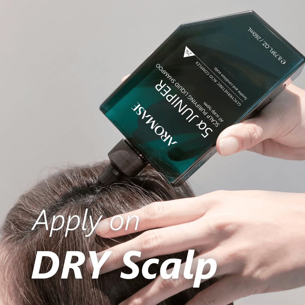 Aromase 5 Juniper Purifying Liquid Shampoo label highlights glycyrrhetinic complex benefits.