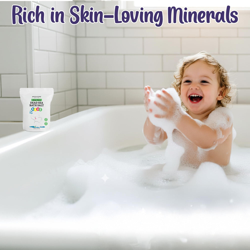 Aromasong Dead Sea Salt Kids Bath Soak with aloe vera leaf accent for hydration