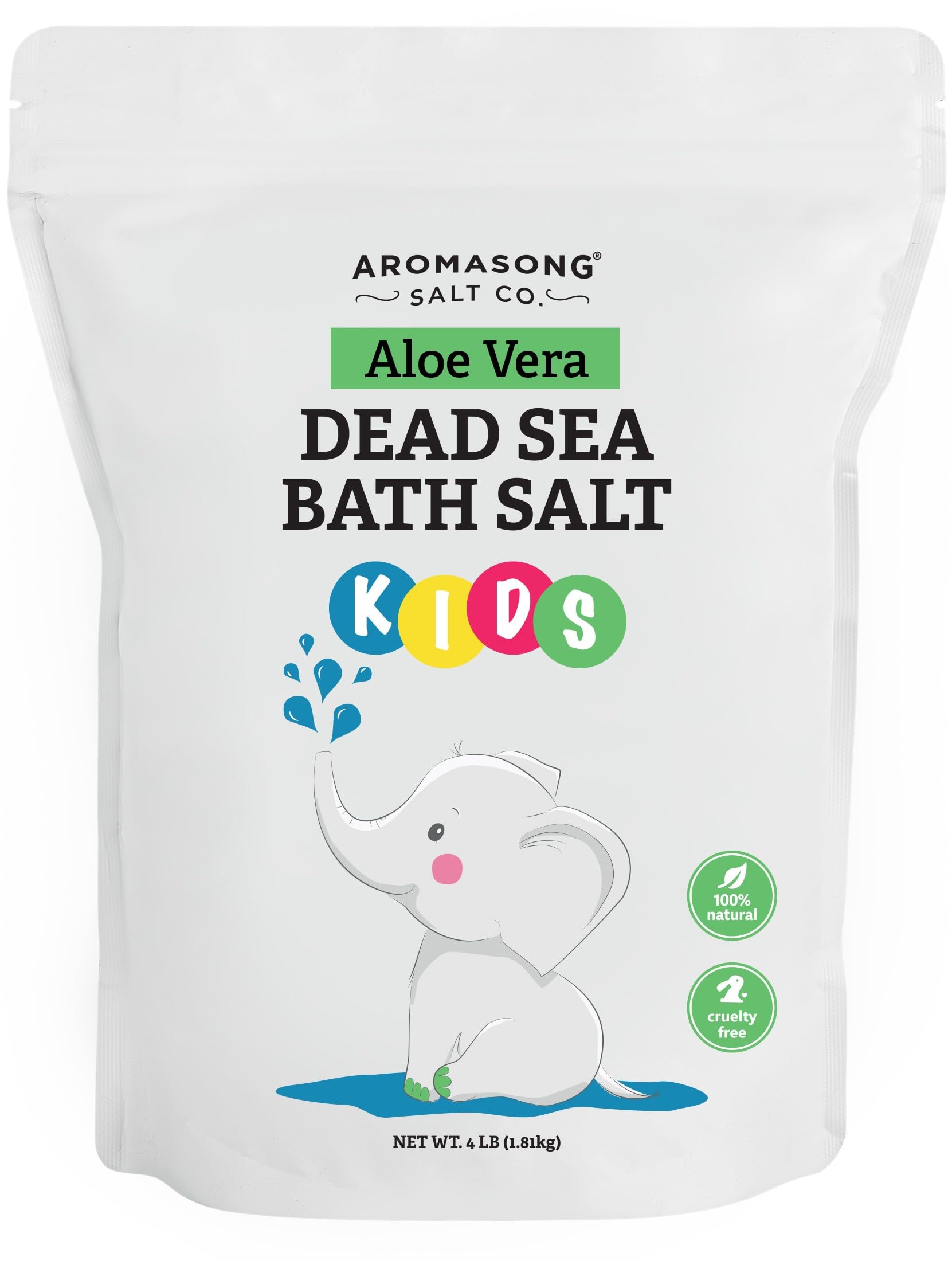 Aromasong Dead Sea Salt Kids Bath Soak bottle shows mineral-rich formula for gentle bedtime routine