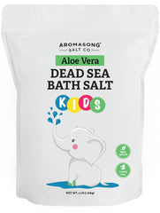 Aromasong Dead Sea Salt Kids Bath Soak bottle shows mineral-rich formula for gentle bedtime routine