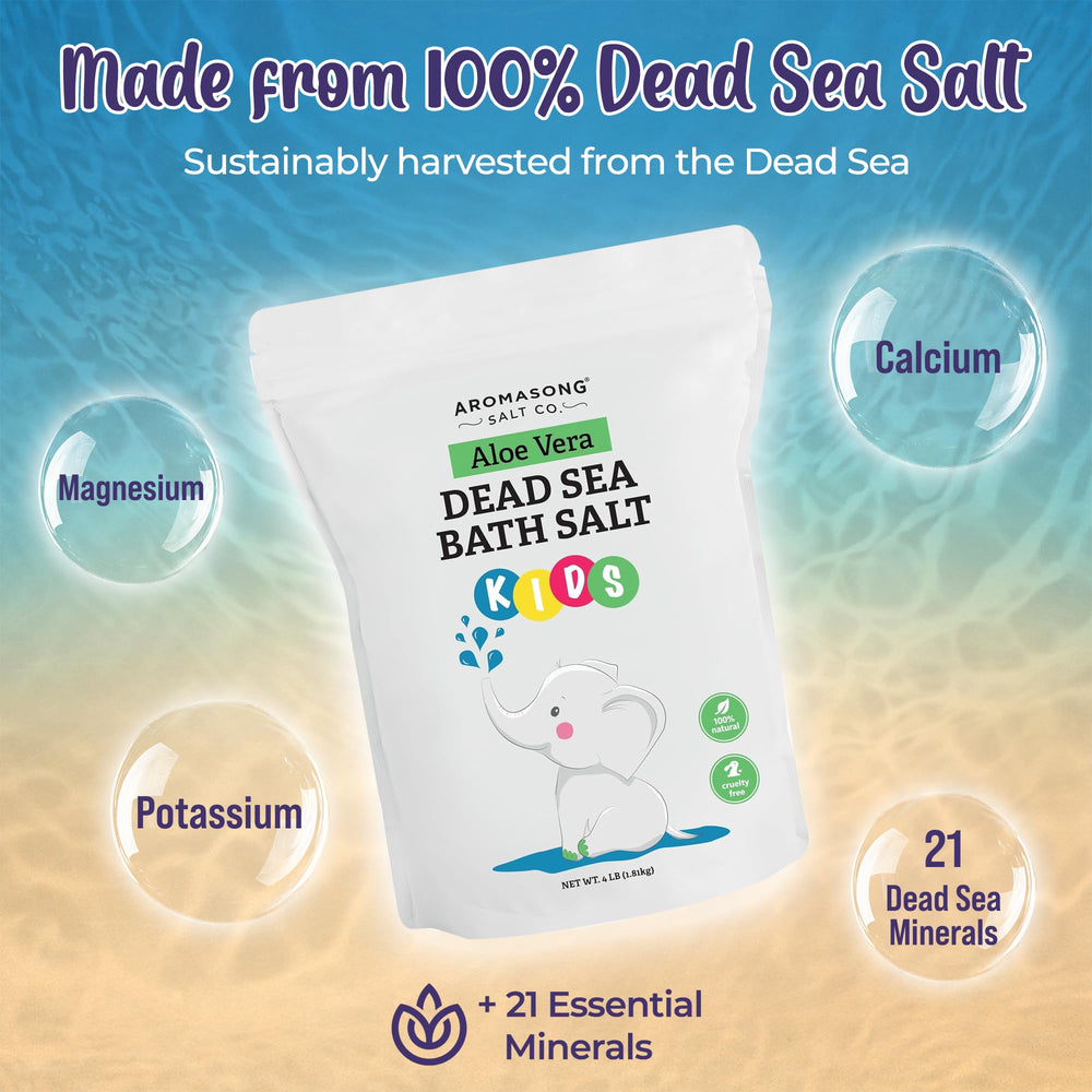 Aromasong Dead Sea Salt Kids Bath Soak packaging with 4 Lbs resealable pack