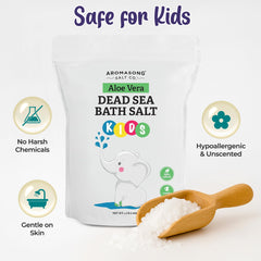 Aromasong Dead Sea Salt Kids Bath Soak being poured into warm bath water