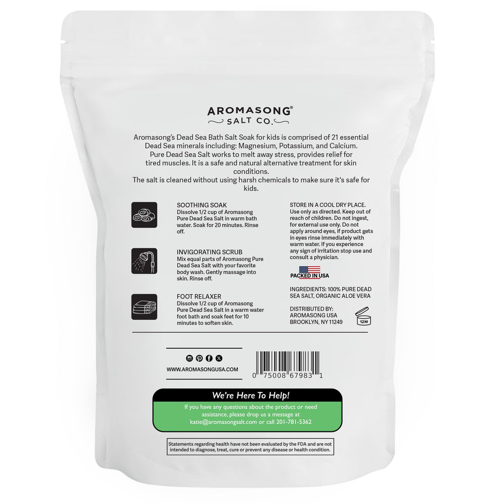 Aromasong Dead Sea Salt Kids Bath Soak resealable cap for easy storage