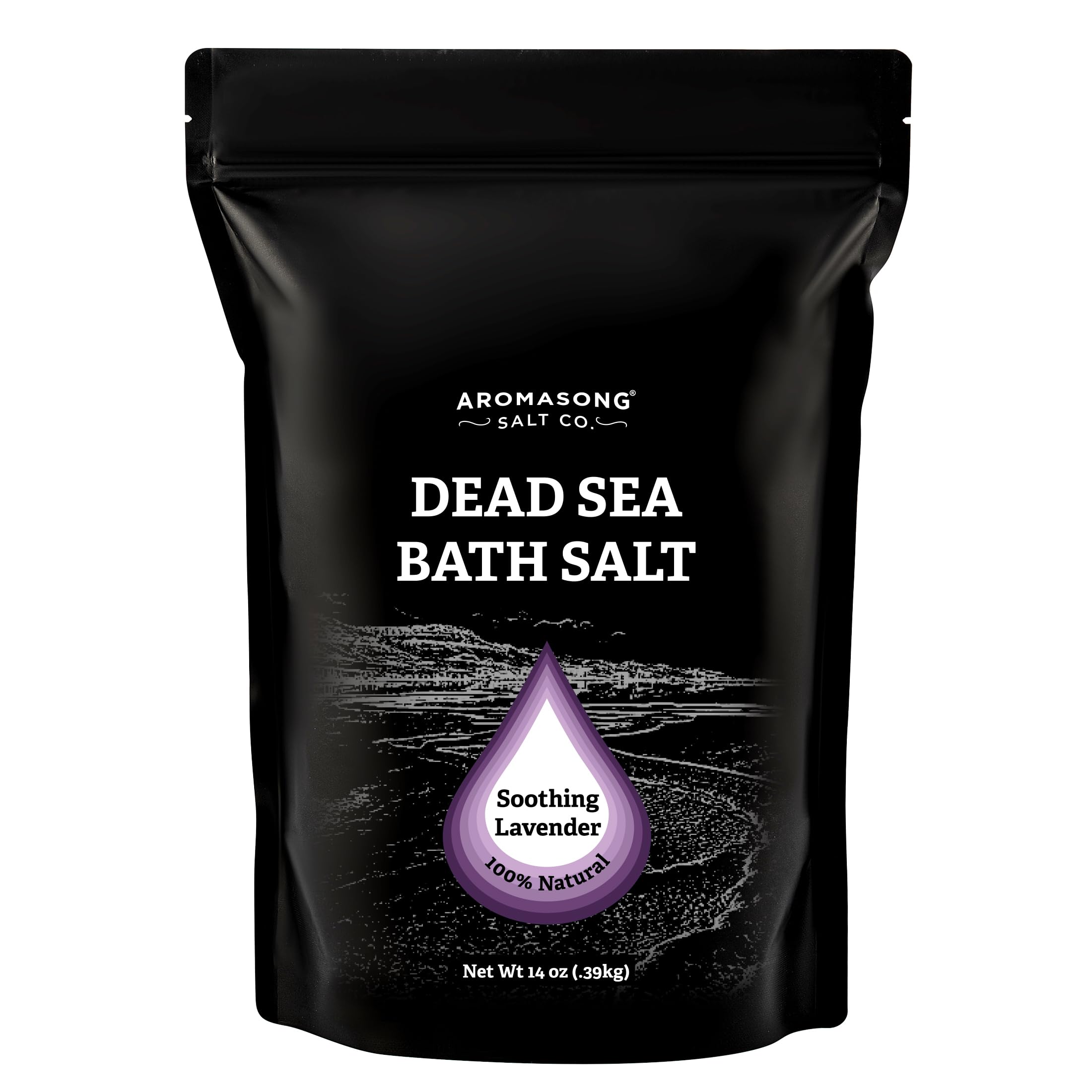 Aromasong dead sea salt lavender packaging showing premium mineral soak for skin care