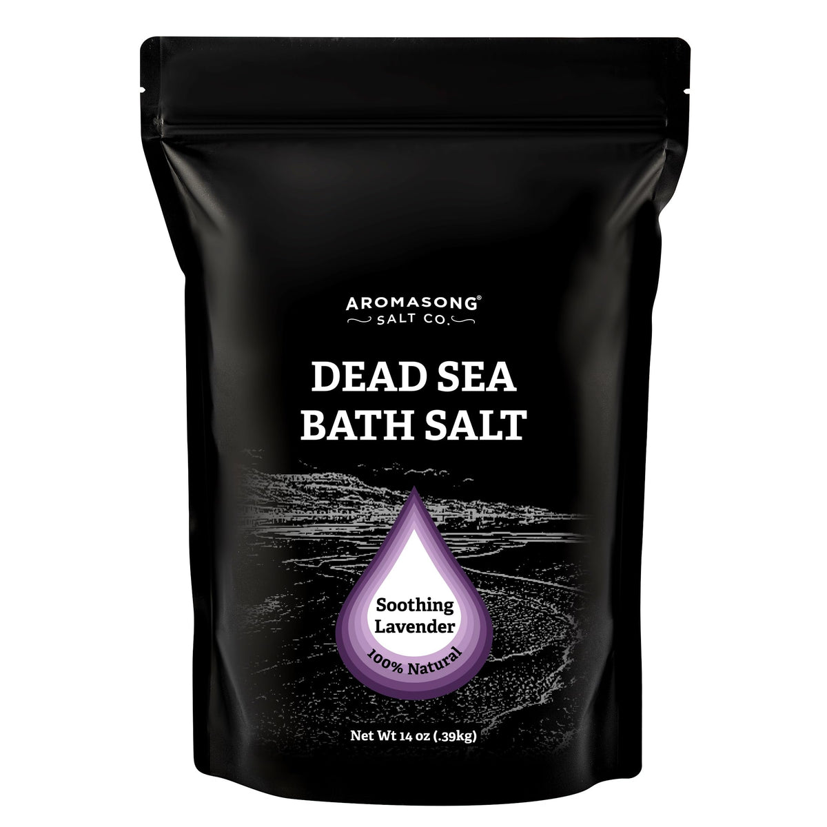 Aromasong dead sea salt lavender packaging showing premium mineral soak for skin care