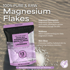 Aromasong RAW Magnesium Bath Flakes Lavender bath scene promoting muscle comfort and calm.