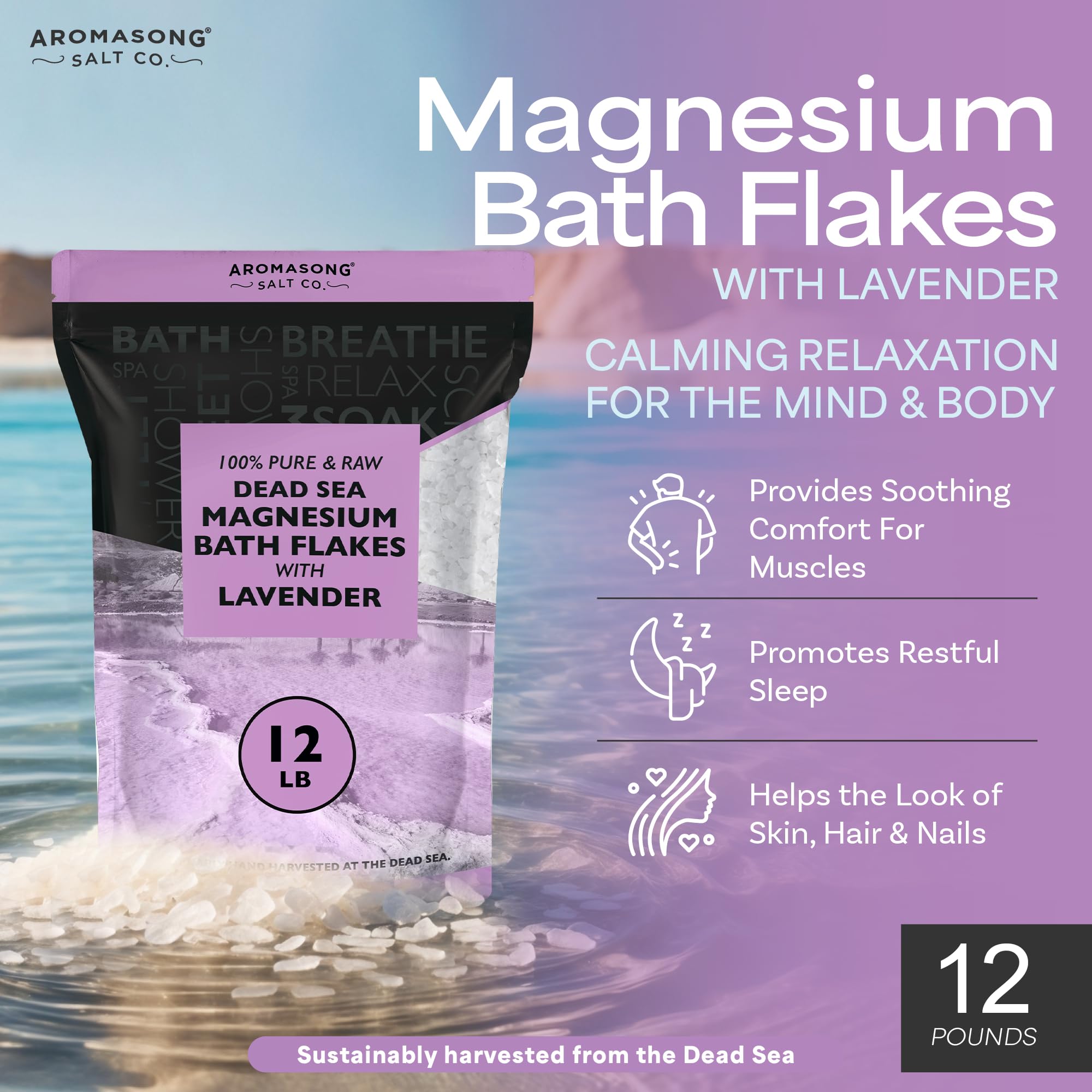 Aromasong RAW Magnesium Bath Flakes Lavender crystals closeup showing mineral purity.