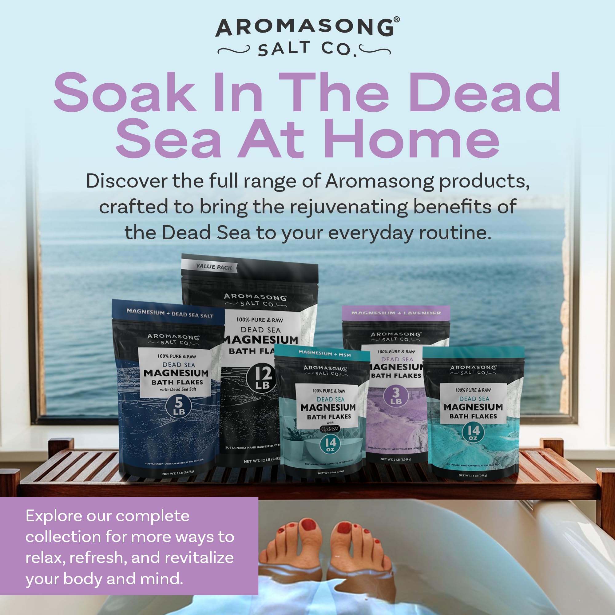 Aromasong RAW Magnesium Bath Flakes Lavender nightly soak for calm nerves.