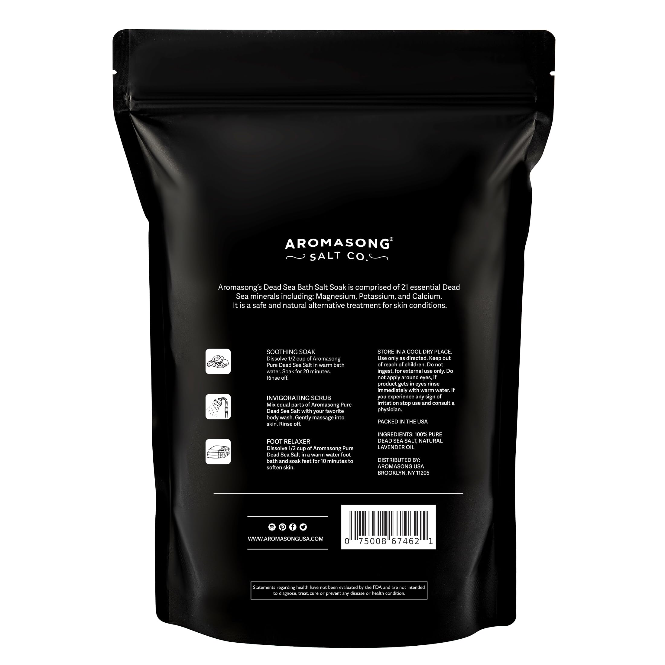 Aromasong spa-use salt display suggests multipurpose soak for women and men