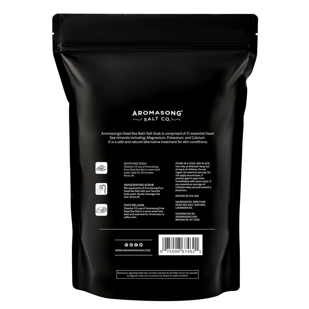 Aromasong spa-use salt display suggests multipurpose soak for women and men