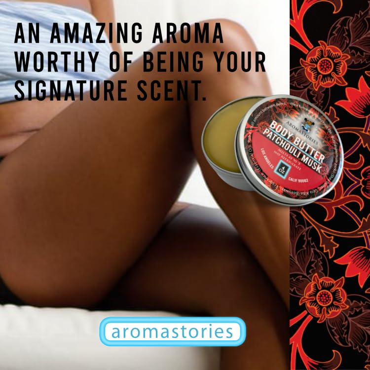 Aromastories Patchouli Musk body butter on bathroom counter suggesting daily ritual.