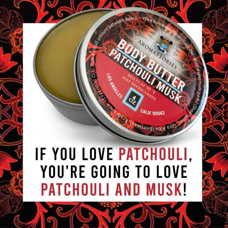 Aromastories Patchouli Musk body butter texture, soft salve consistency for moisturized skin.
