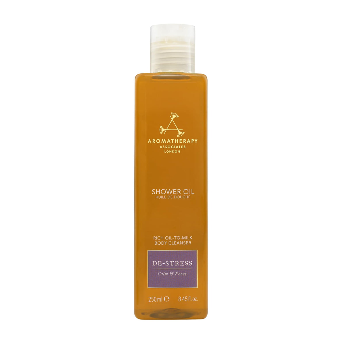 Aromatherapy Associates De-Stress Mind bottle pouring to start a calming shower.