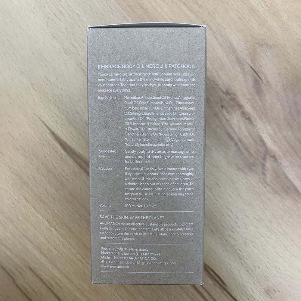 AROMATICA Embrace Body Oil packaging and labeling emphasizes plant-based ingredients
