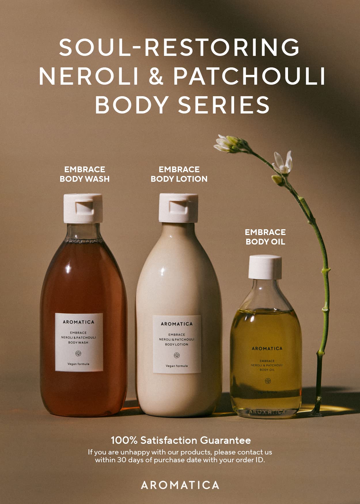 AROMATICA Embrace ingredients label emphasizing vegan, plant-based care