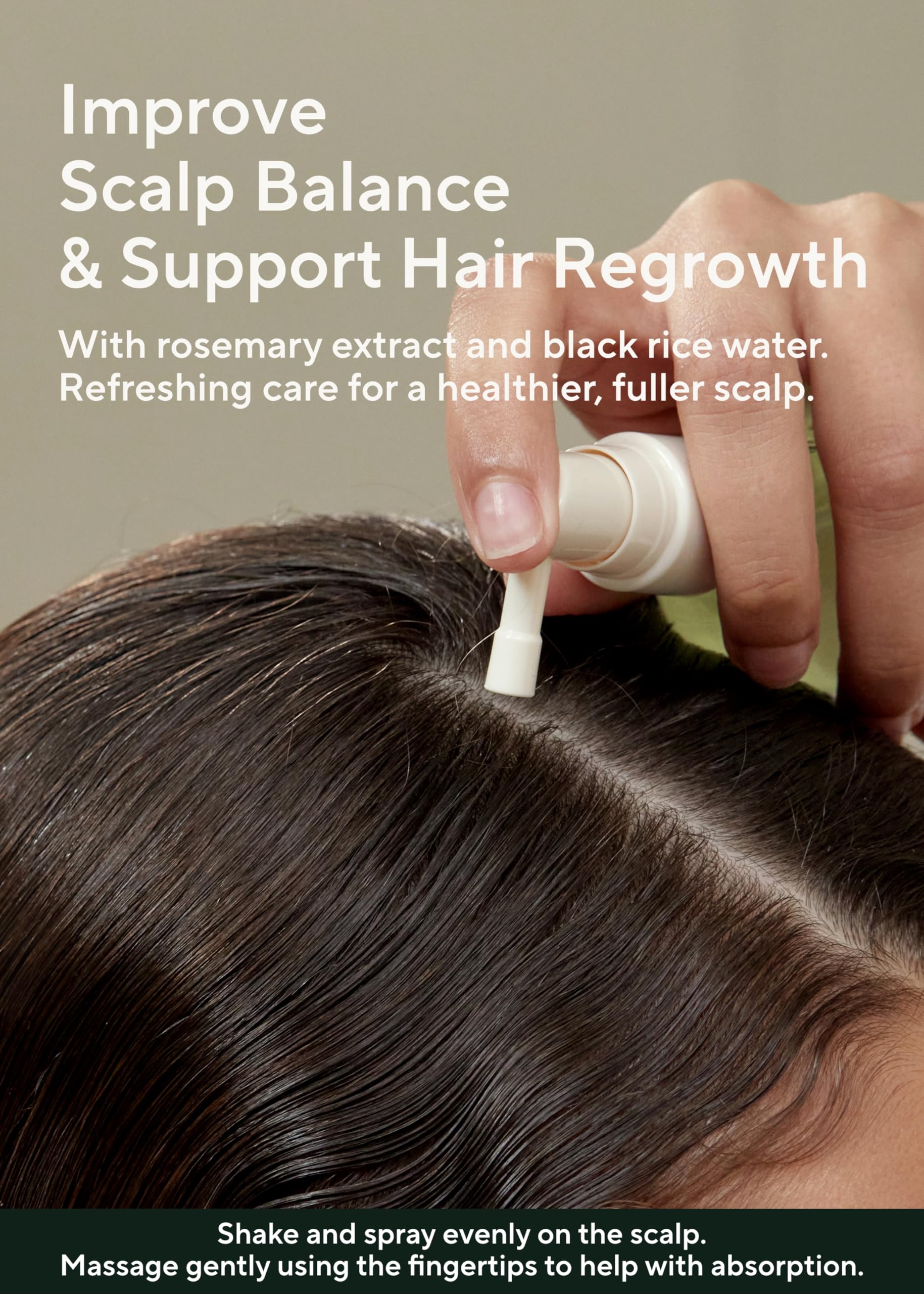 AROMATICA hair-growth spray in-use image offering refreshing scalp feel.