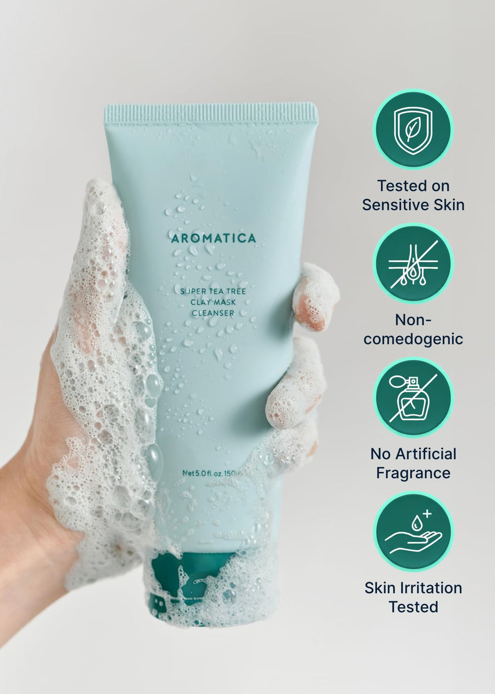 AROMATICA Vegan clean beauty badge on packaging emphasizes plant-based ingredients