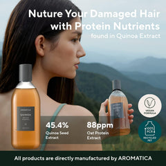 AROMATICA Quinoa Protein Shampoo ingredients panel featuring quinoa and oats for nourishment.