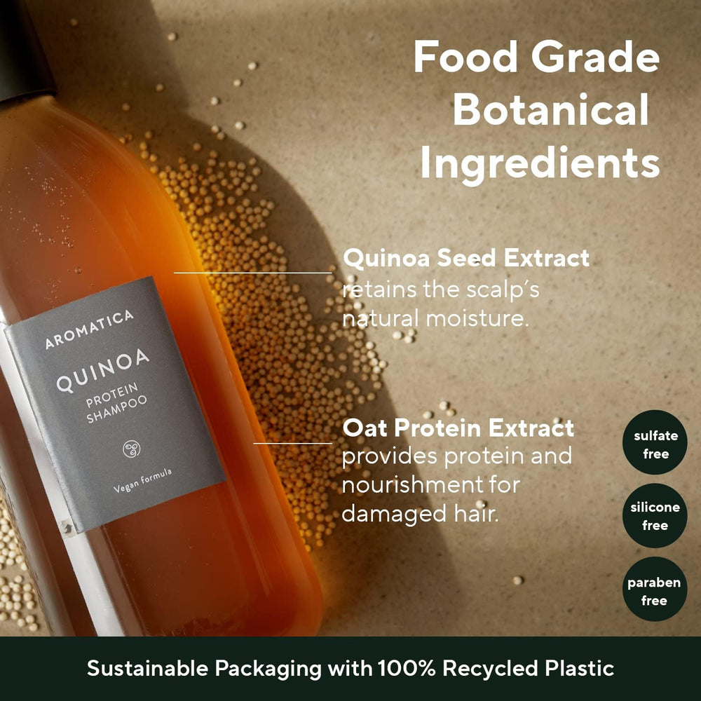 Close-up of the AROMATICA Quinoa Protein Shampoo pump for easy, controlled dispensing.