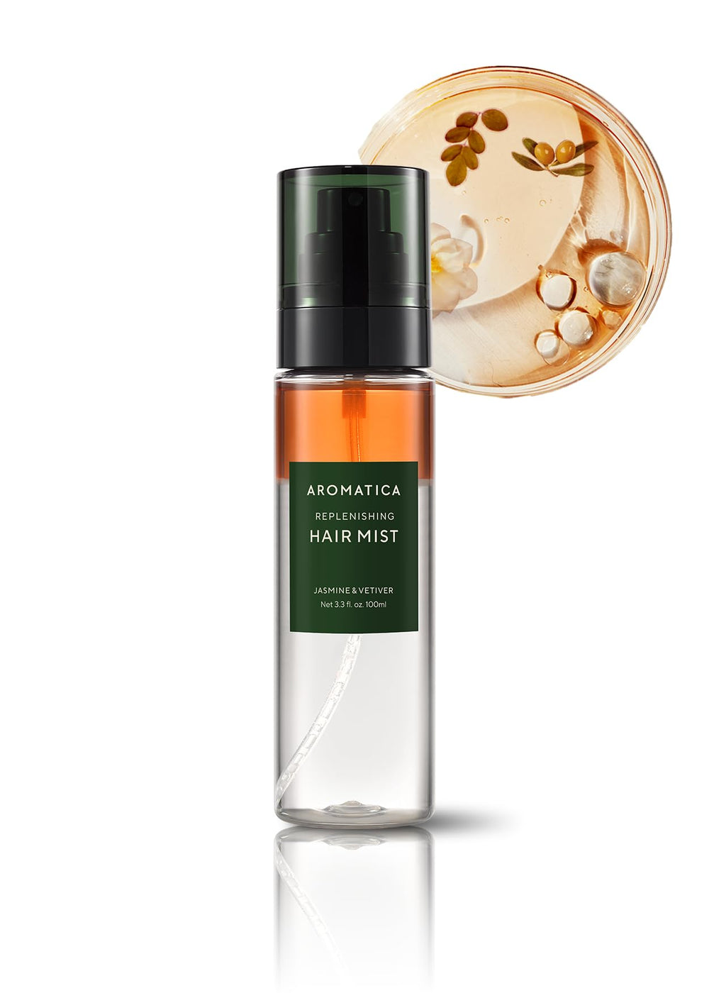 AROMATICA Replenishing Hair Mist bottle with jasmine-vetiver fragrance for smoother hair.