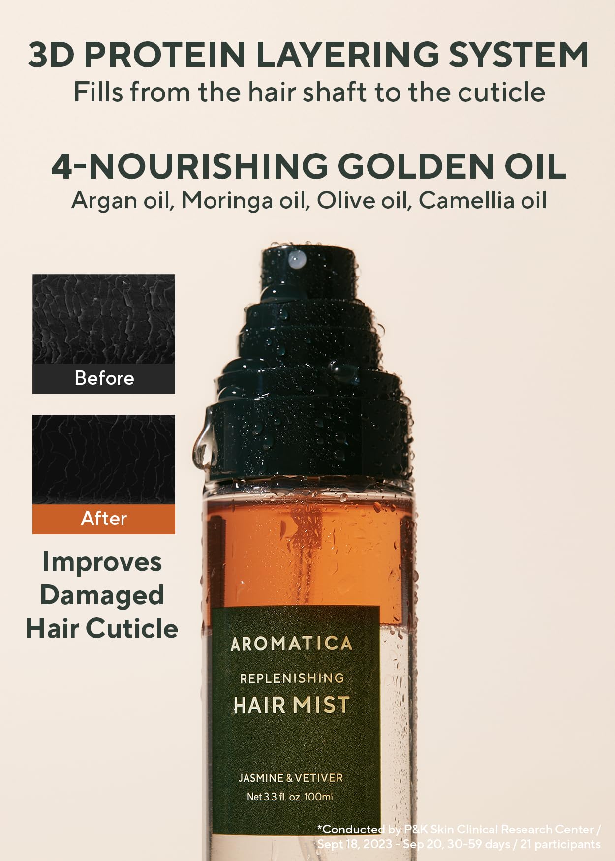 Hands misting hair for 3-in-1 conditioning.